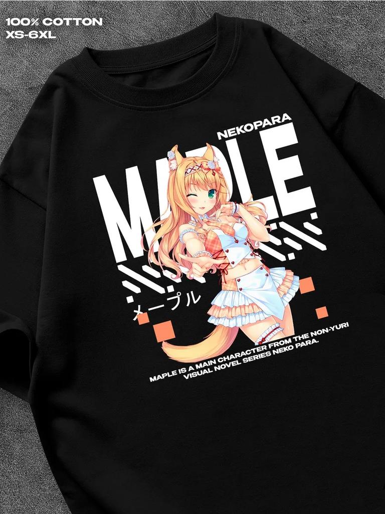 Nekopara Клен черная футболка Мужская футболка Женские футболки с принтом букв Короткий рукав Футболка Повседневная уличная футболка Топ