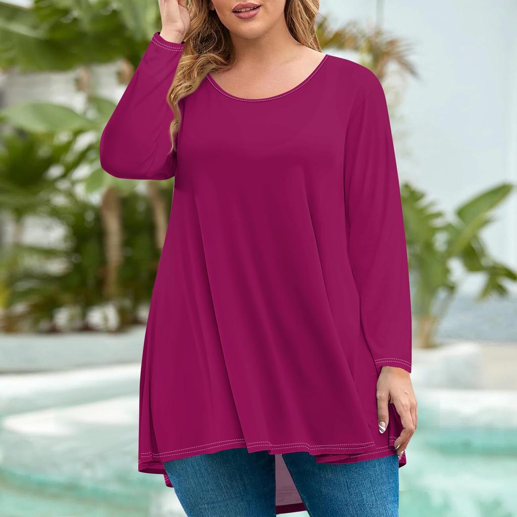 Women's Fashion Large Size Round Neck Long Sleeve Casual Solid Color Loose Pullover Top