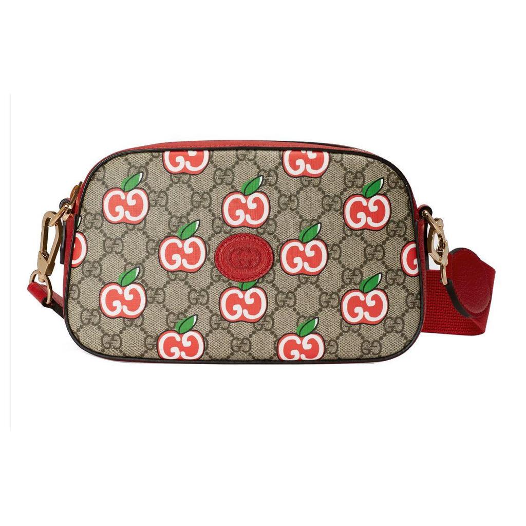 Gucci GG Apple Print Mini Crossbody Bag Beige Canvas Red Leather Gold Hardware Daily Use 574886-2EVDG-8646