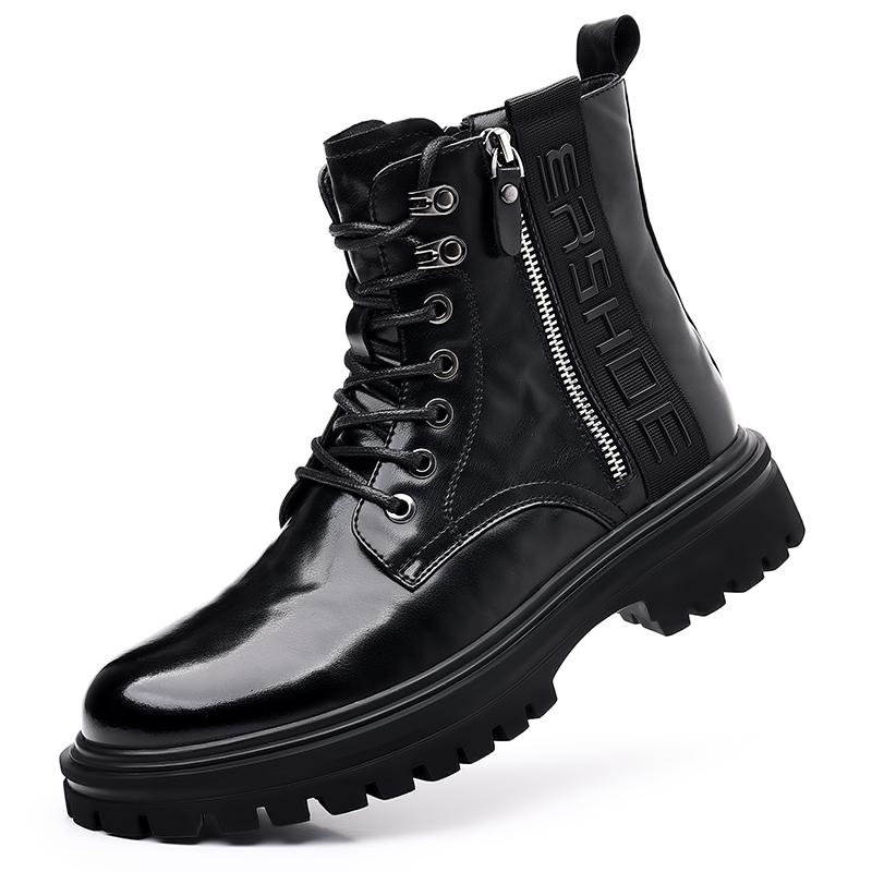 Winter Men's Brand Side Zipper Business Casual High Top with Plush Cotton Boots Fashionable Men's Lace Up High Top Leather Boots