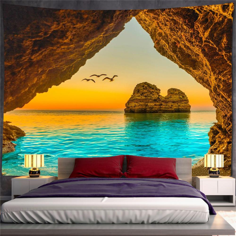 Coastal Cave Vista Wall Tapestry Seaside Escape Home Decoration Hotel Wall Hanging for Living Room Background Cloth Bedroom