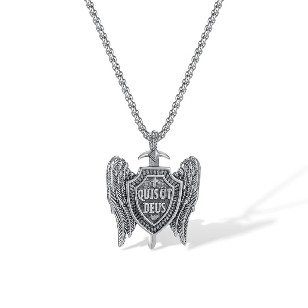 Opk Jewelry Vintage Titanium Steel Michael Sword Shield Pendant Angel Wings Cross Necklace