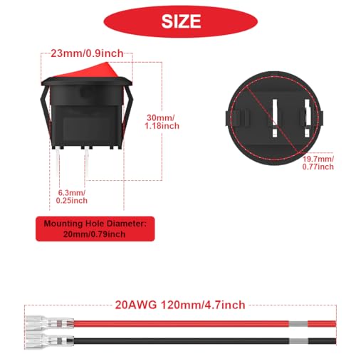 16 шт. Круглый клавишный переключатель 12 В постоянного тока, круглый красный тумблерный переключатель 2 контакта SPST 2 положения 6 А/250 В 10 А/125 В переменного тока с 20-миллиметровым клеммным проводом для автомобильной морской техники