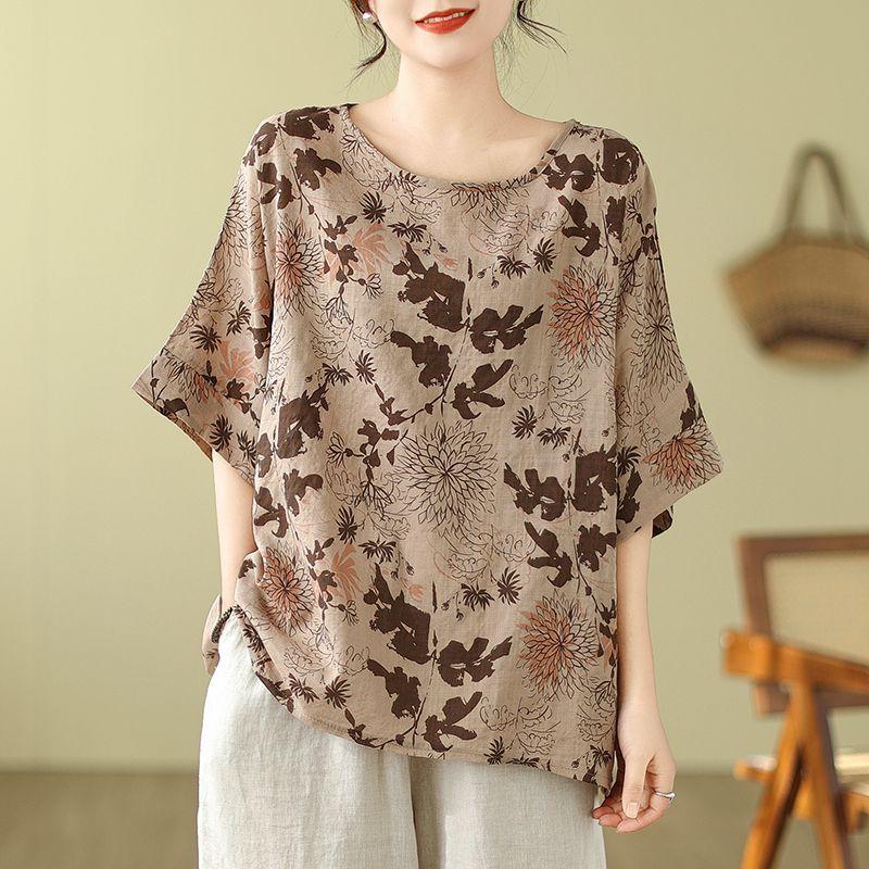 Хлопково-льняная летняя футболка с короткими рукавами Свободная большого размера Литературная ретро-печать Мамина прикрывающая живот Повседневный топ Женская одежда