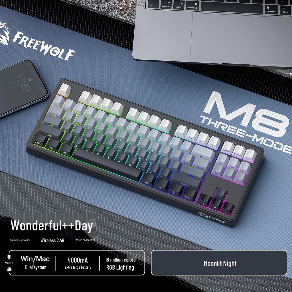 Беспроводная механическая клавиатура Free Wolf M87V2 с RGB-подсветкой, PBT-клавишами с боковой печатью и Bluetooth-подключением