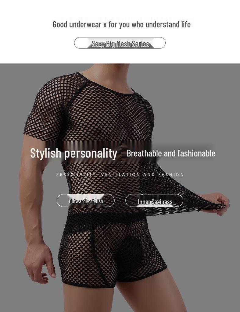 Мужская прозрачная сетчатая футболка - Соблазнительный дизайн с вырезами