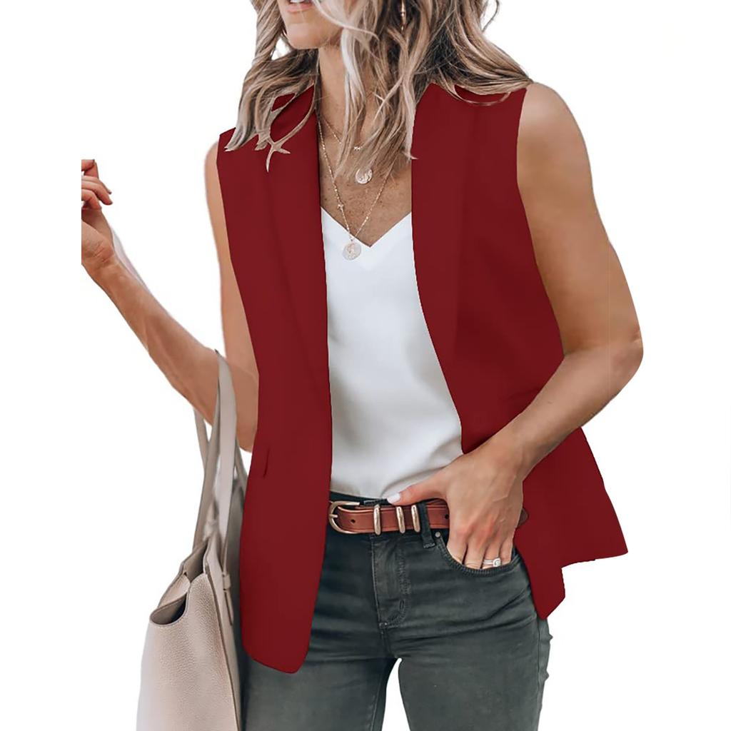Women's Solid Color Open Front Pocket Cardigan Formal Suit Sleeveless Shirt Jacket