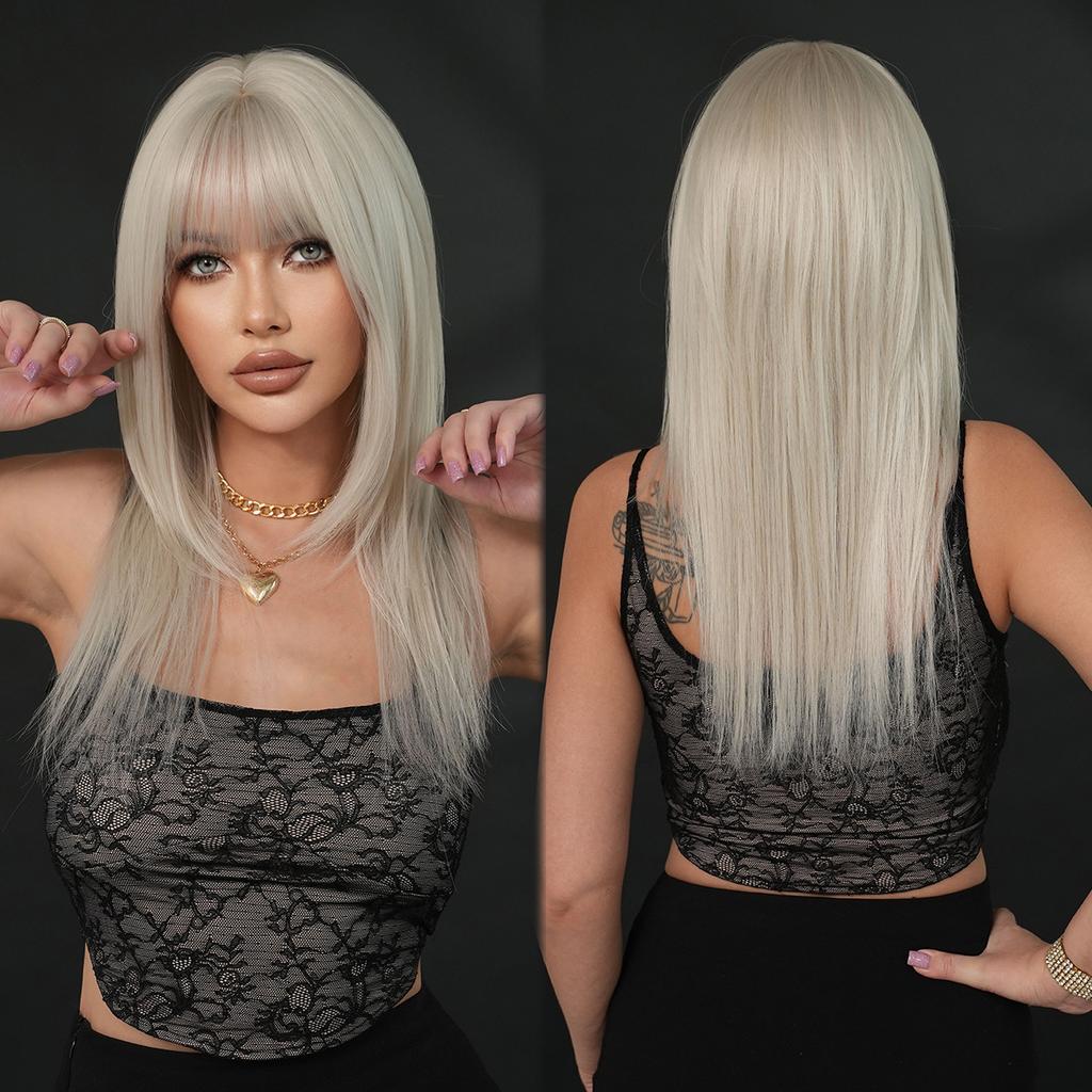 Silver White Layered Straight Wig for Women - Air Bangs Full Cap Wig, Party Halloween Cosplay Machine Made Wig, Silver Options Available