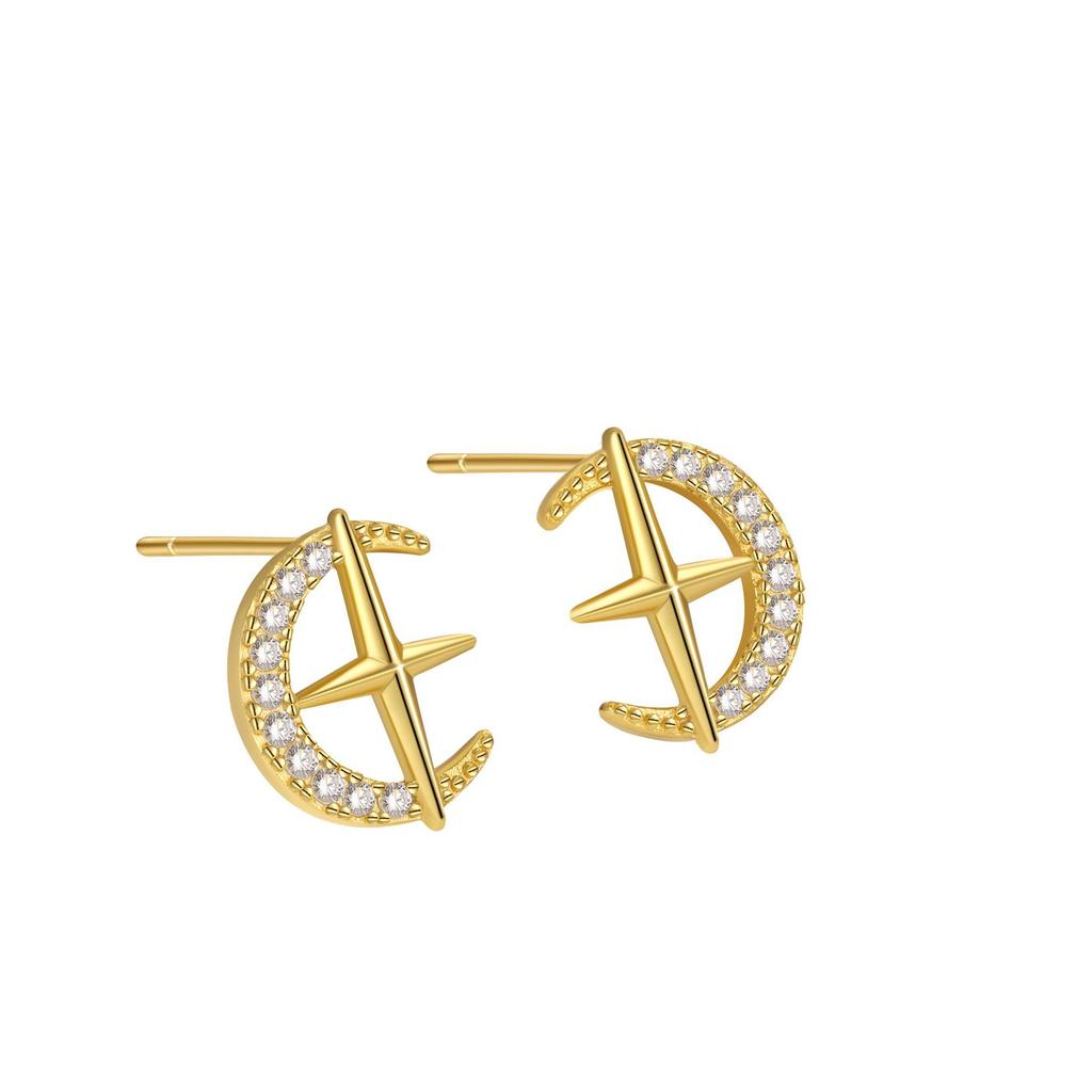 925 Sterling Silver Inlaid Zircon Star Moon Earrings for Women Small Exquisite Silver Jewelry