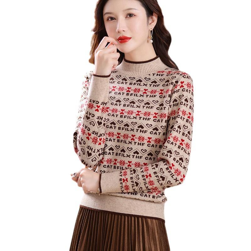 Женский свитер жаккардовой вязки с полуворотом 2024 года - Осень/Зима