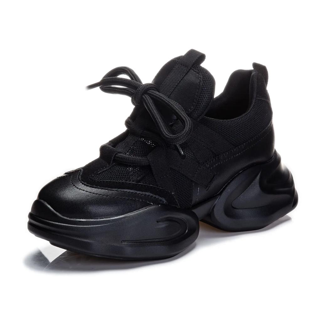 Модные 8 см Новая Натуральная Кожа Женские Летние Полые Воздушная Сетка Платформа Клиновидные Массивные Кроссовки Осень Весна Мода На шнуровке Повседневная Обувь