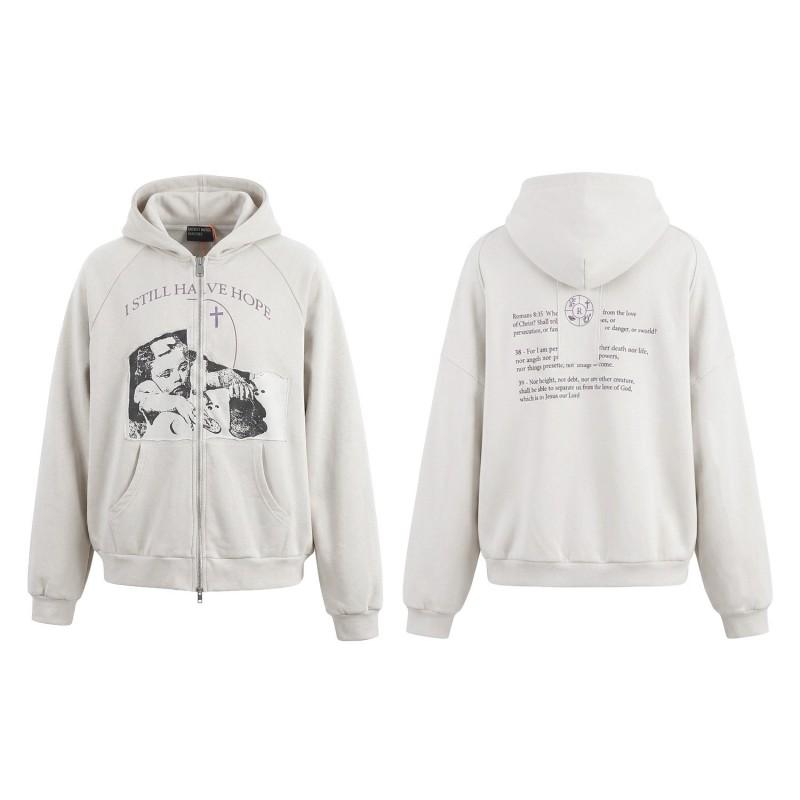Oversized Hooded Zip-Up Sweatshirt Men Women Winter Casual Cotton Pullover With Distressed Detail