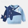 Зимние толстовки с длинным рукавом для мальчиков, бархатные, с милой вышивкой в виде мультяшной акулы, мягкие хлопковые детские пуловеры, одежда