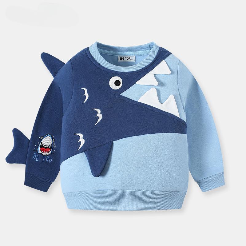 Зимние толстовки с длинным рукавом для мальчиков, бархатные, с милой вышивкой в виде мультяшной акулы, мягкие хлопковые детские пуловеры, одежда