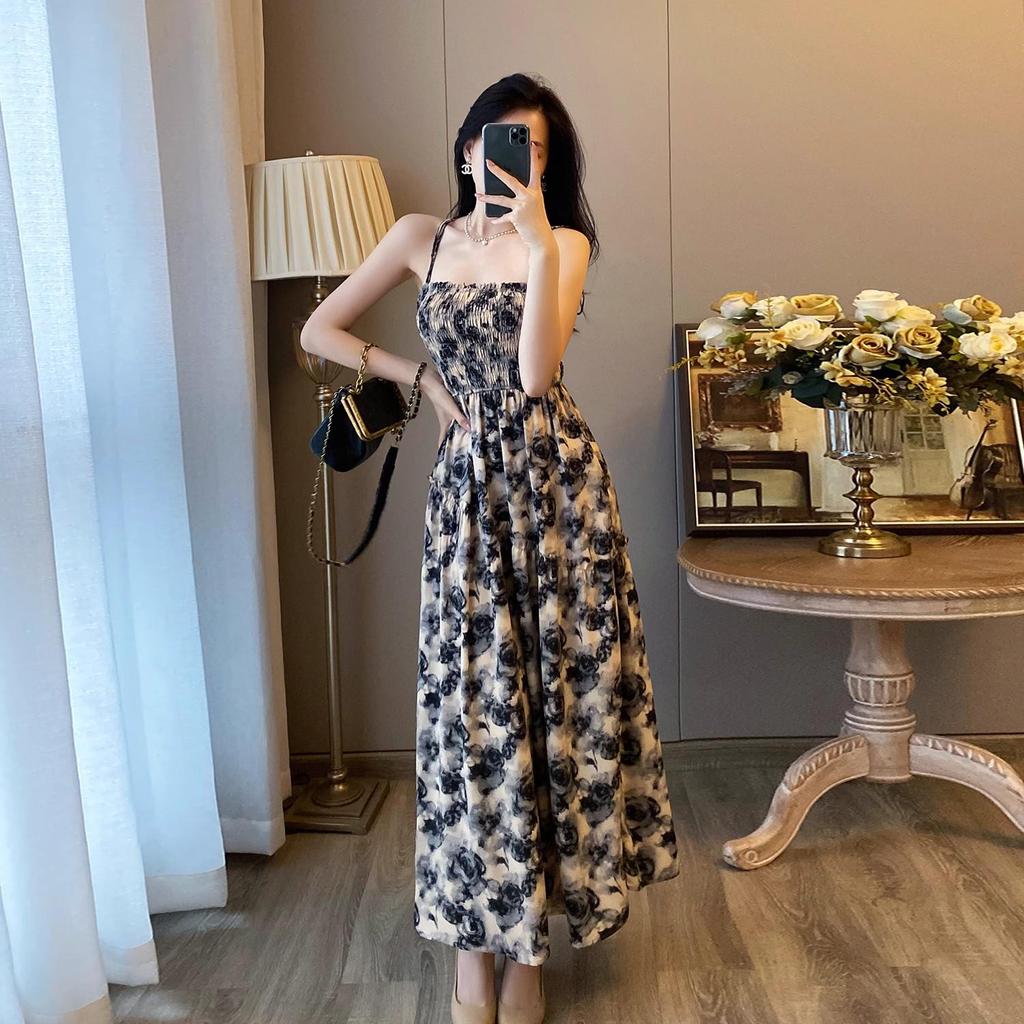 Women's Elegant French Floral Pleated Strappy Dress - Summer High Waist A-line Long Skirt