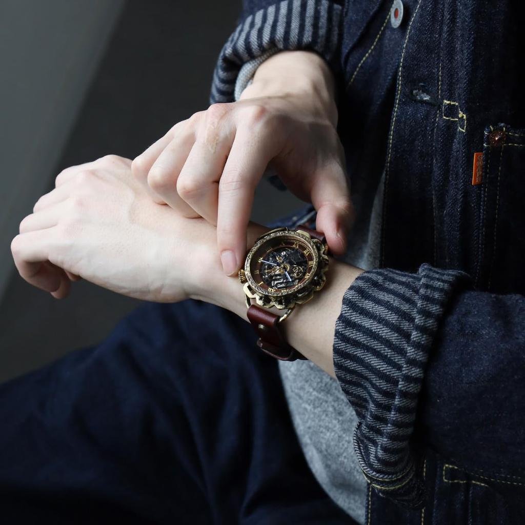 KINO Часы ручной работы Автоматические Скелетон Задняя крышка Кинопанк Черная латунь Винно-коричневый [K-18-BR-WI]