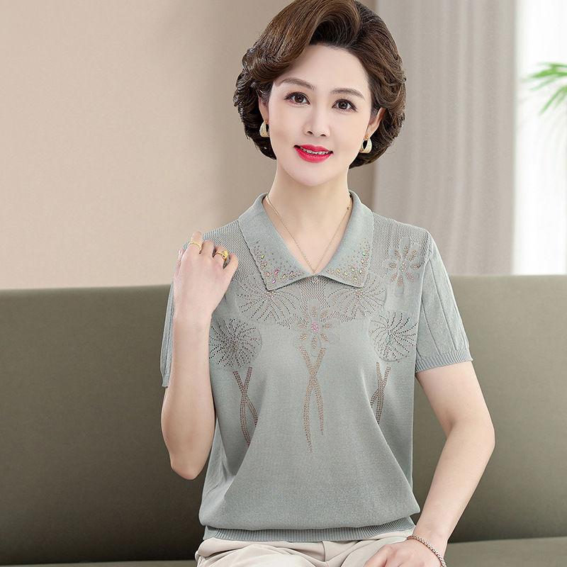 Mom's Summer Short Sleeved Stylish Ice Silk T-shirt Middle-aged and Elderly Lapel Top Slimming Knit T-shirt