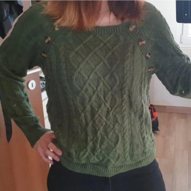 2023 весенняя мода, свитер, одежда, однотонный повседневный вязаный пуловер с квадратным вырезом и пуговицами, топы с длинными рукавами для женщин 23721