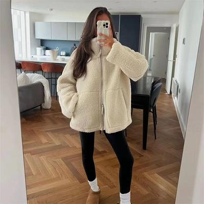 Осенняя женская повседневная мода, простое и универсальное свободное пальто с воротником-стойкой и молнией из бархата с длинными рукавами