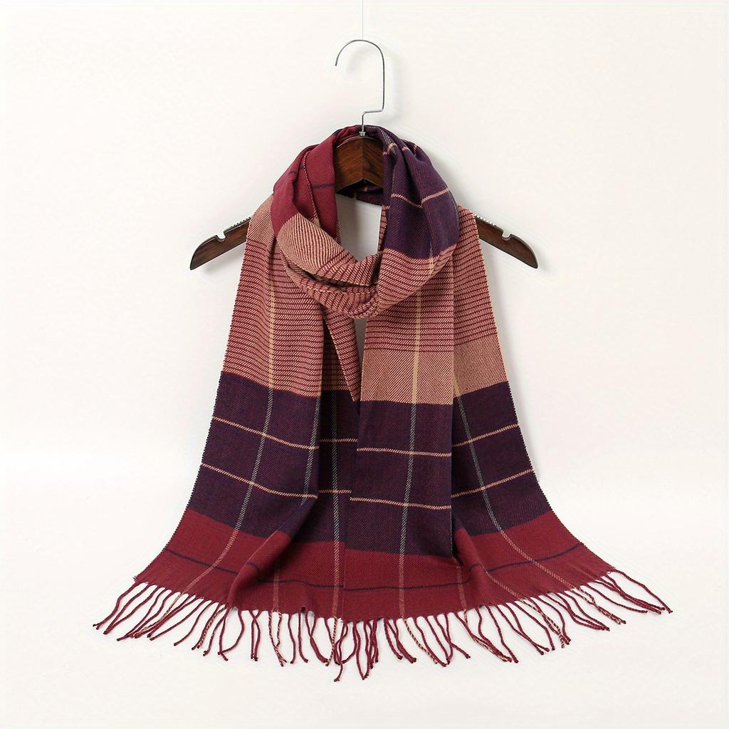 1pc Geometric Plaid Scarf - Windproof Warm Winter Scarf with Fringe Edges, Unisex Elegant Casual Scarf for Women & Men, Machine Washable Fall Winter F