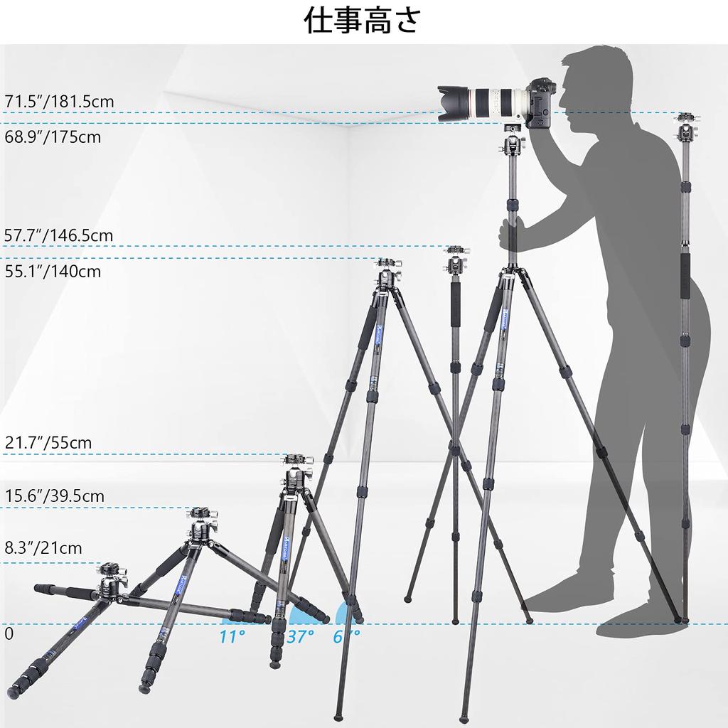 Штатив из углеродного волокна Компактный дорожный штатив Диаметр трубы 29 мм Общая высота 1815 мм ARTCISE 2024 Последняя разработка Легкая конструкция 4-ступенчатый гайка Тип замка монопод