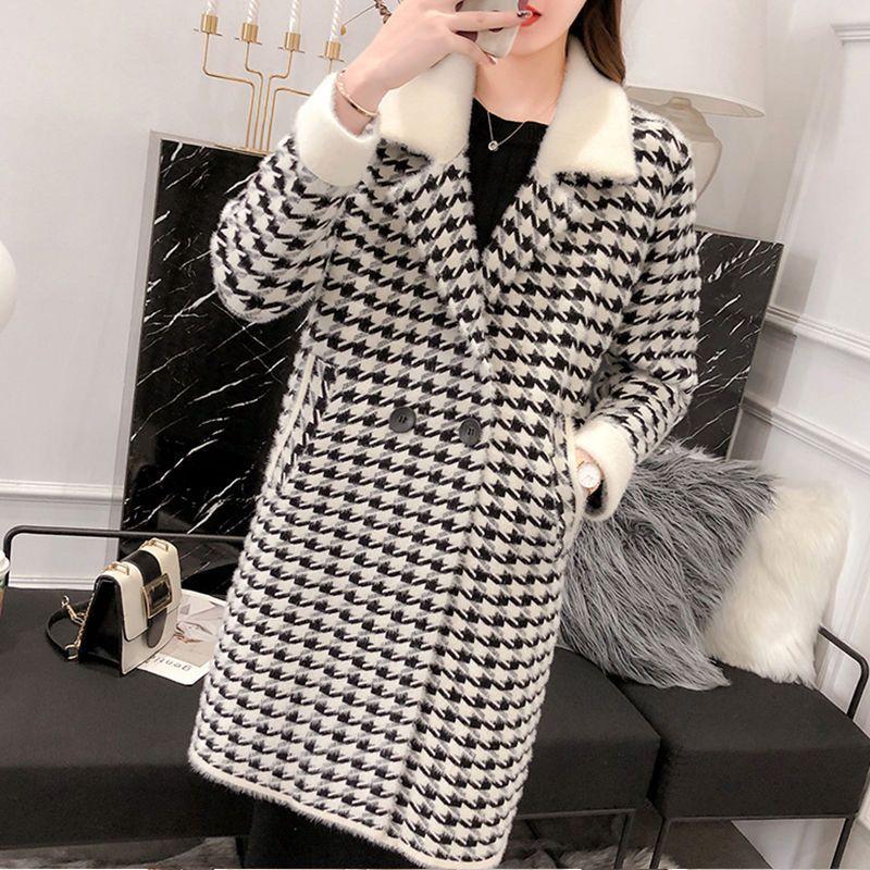 New Arrival High-end Women's Dark Mink Cashmere Overcoat with Thickening Design, Autumn and Winter Korean-style Fashionable Houndstooth Jacket