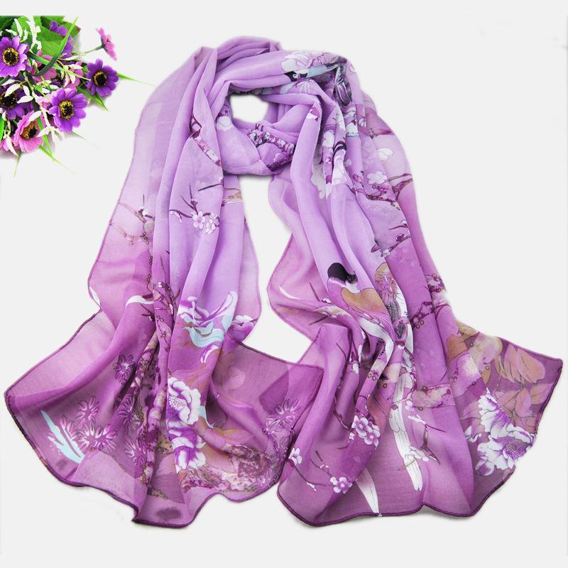 Scarves Natural Style Spring and Autumn Printed Flowers and Birds Rectangle Sun Protection Chiffon Scarf