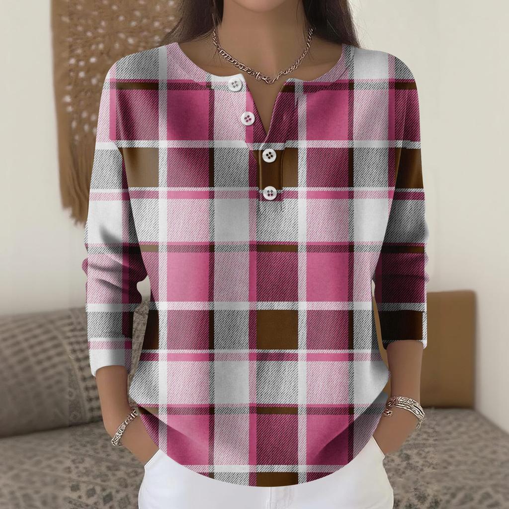 Women's Fashion Long Sleeve Plaid Geometric Print Top Elegant Casual Top