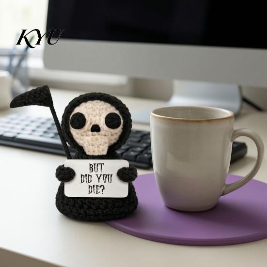 Dark Humor Office Gift Halloween Crochet Grim Reaper Decoration, Handmade Doll with Spooky Toy Hilarious Message Card, Funny Gifts for Best
