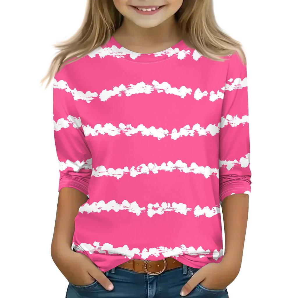 Print Tops For Youth Girls 5-16 Years Round Neck 3/4 Sleeves T-Shirts Trendy Tops Outfit Tees