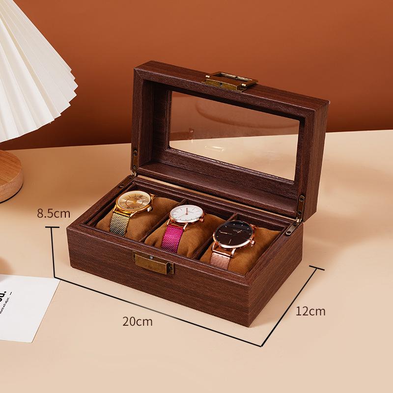 Exquisite Vintage Wood Grain Leather Watch Box with Dustproof Glass Lid for Wristwatch Display and Storage.