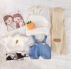 20cm Doll Clothes Cotton Set: Carrot Sweater, Bunny Hat, Scarf, Bear Overalls.