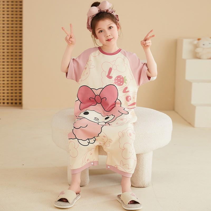 Girls Cotton Pajama Set Short Sleeve Cartoon Sleepwear Kids 8-14 Years Soft Breathable One-Piece Nightgown