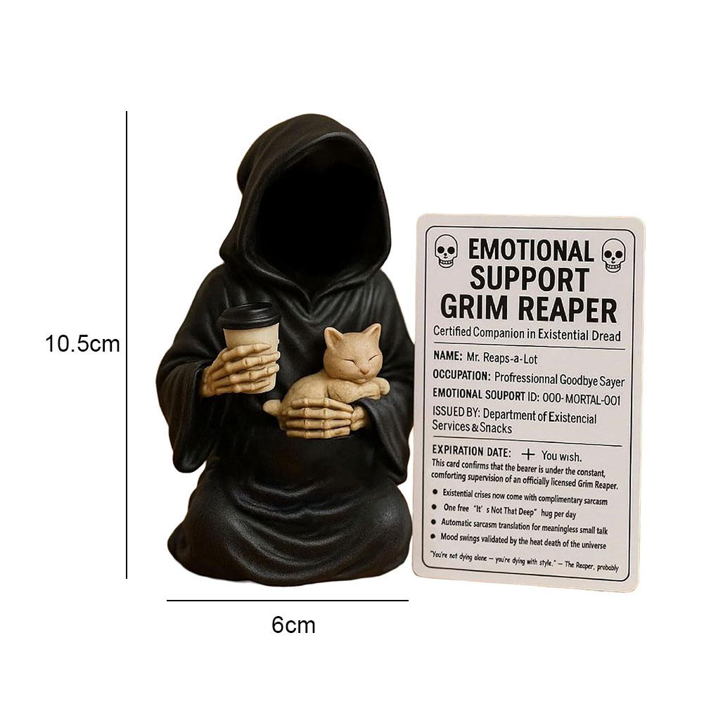 Emotional Support Grim Reaper Figurine, Hand-Painted Resin Grim Reaper Statue Holding Coffee & Cat with Emotional Support Card