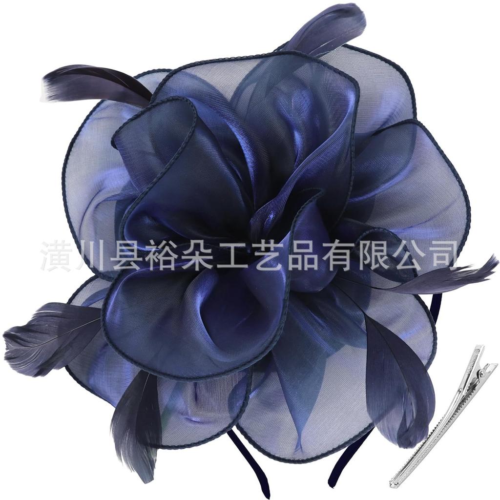 Cross-hot selling organza feather head flower bridal wedding hair accessories European and American Jockey Club headgear headband hairpin dual use