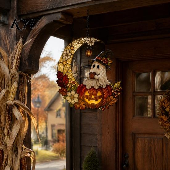 Fun Patio Accessories 2D Ghost Moon Pumpkin Acrylic Suncatcher, Halloween Window Farmhouse Exterior Ornament Hanging Ornament, Autumn Thanksgiving