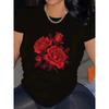 Европейские размеры Женская оверсайз футболка с тропическим цветочным принтом - Дизайн с красной розой и зеленым листом на черном