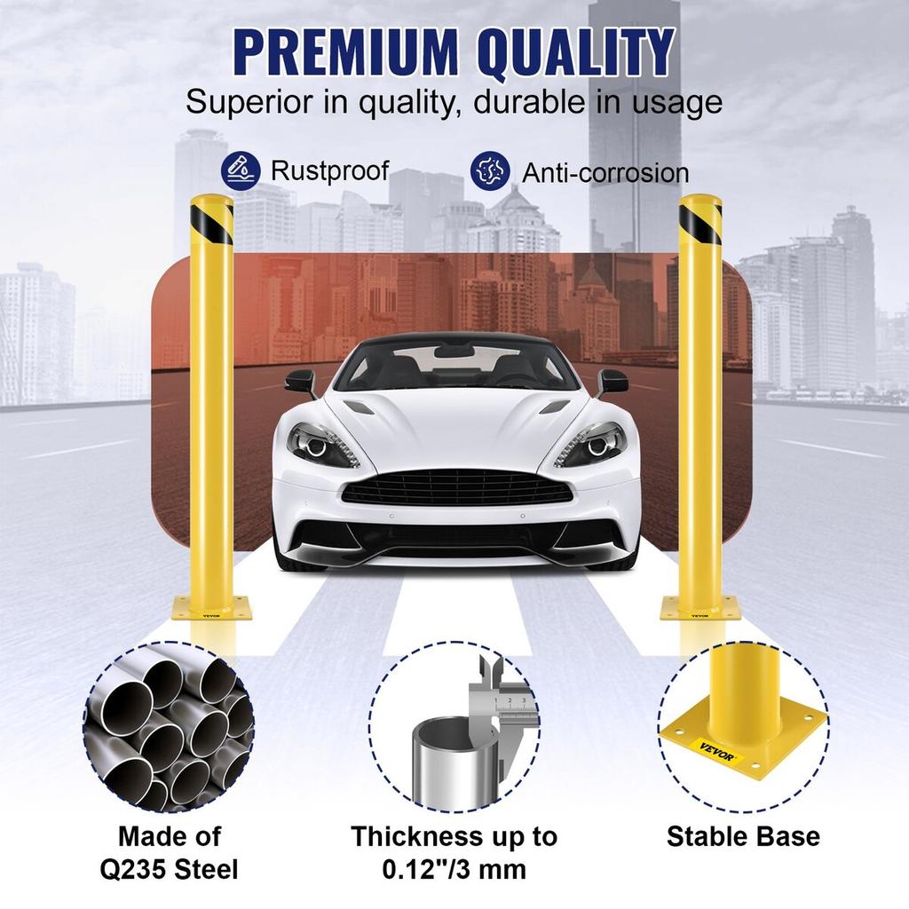 Safety Bollard, 42 Inch Height Bollard Post, 4.5 Inch Diameter Steel Pipe Safety Bollard Post, Yellow Steel Bollard, Steel Safety Bollard with 8