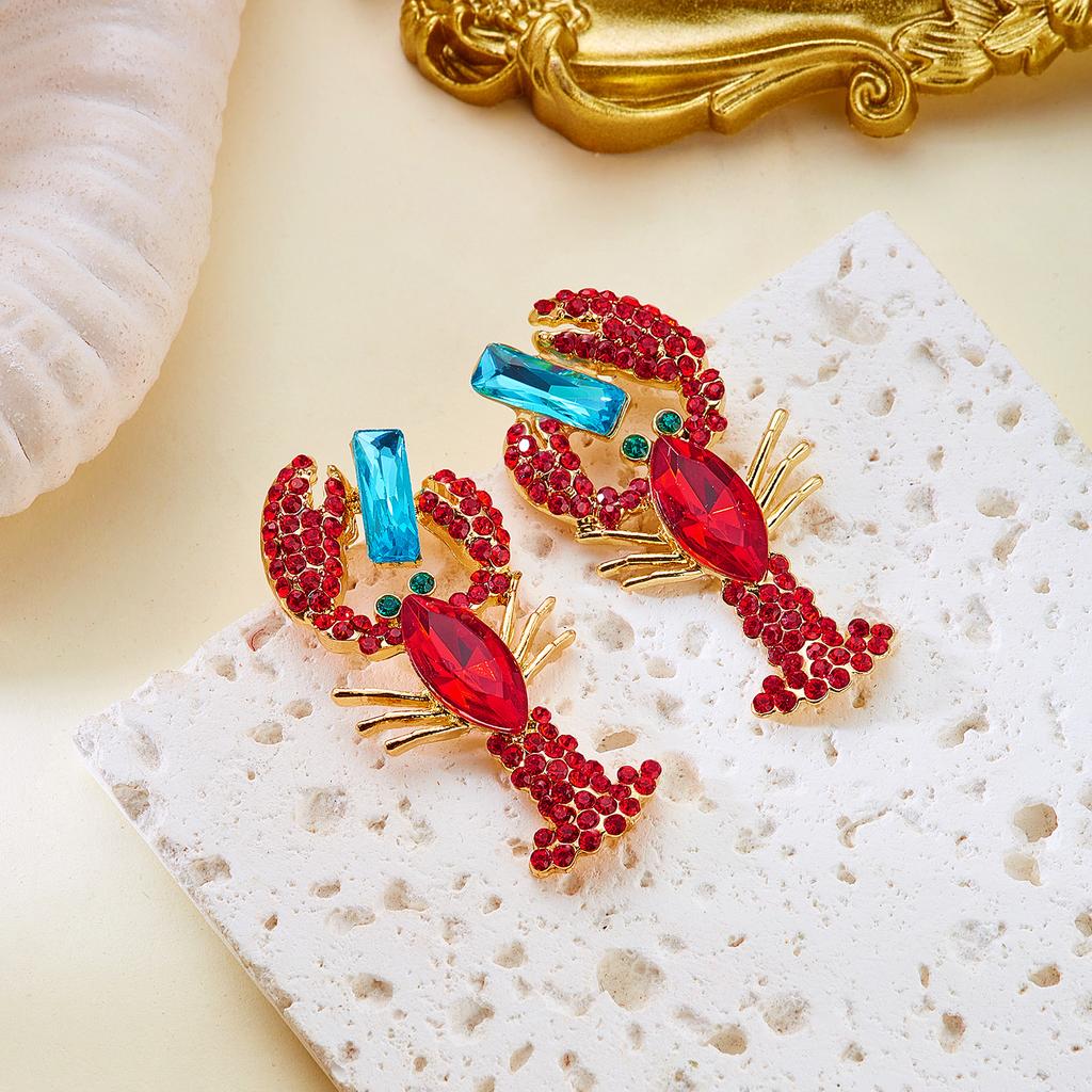 Boho Red Rhinestone Lobster Dangle Earrings for Women Ocean Crystal Zircon Animal Drop Earrings Summer Beach Party Jewelry