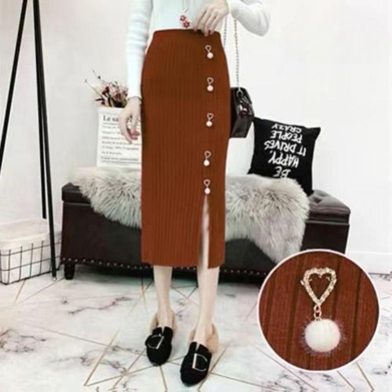 Вязаная облегающая женская весенне-осенняя юбка-карандаш с разрезом, универсальная миди-юбка