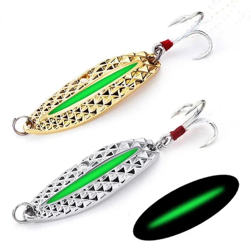 1-5PC Metal Luminous Spinner Spoon Fishing Lures 3/7/15/20g Night Tackle Sequins Bait Noise Paillette with Feather Treble Hook
