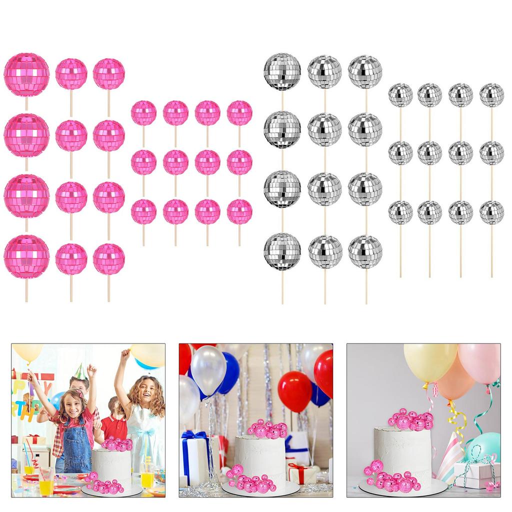24pcs Reflective Discos Ball Cupcake Toppers Cake Decorations for Wedding Birthday Party Supplies Dessert Accessories