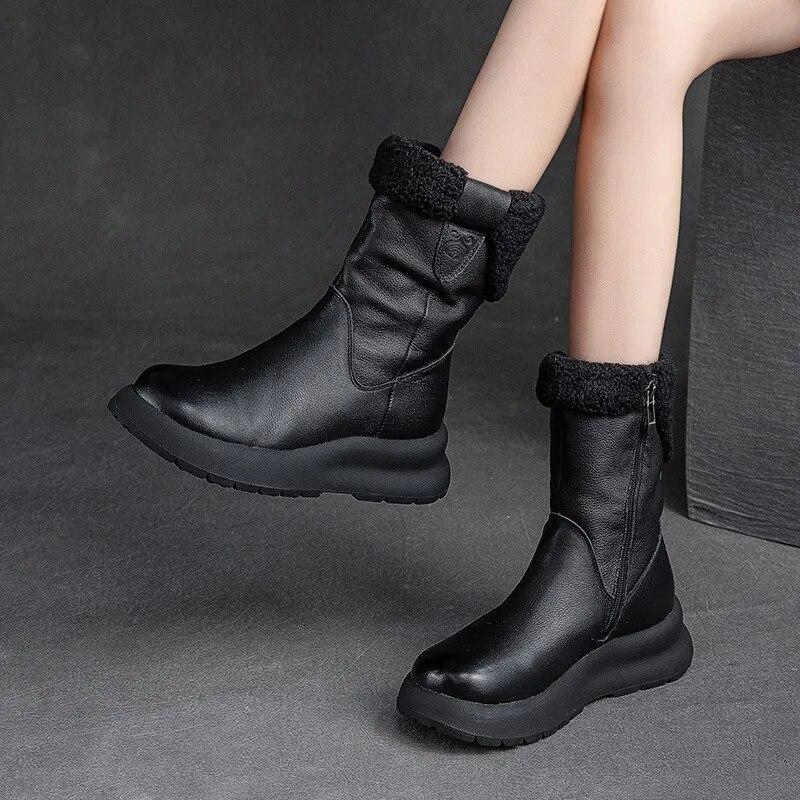 Snow Boots Genuine Leather Plush Warm Solid Color Thick Sole Women's Mid-calf Short Boots