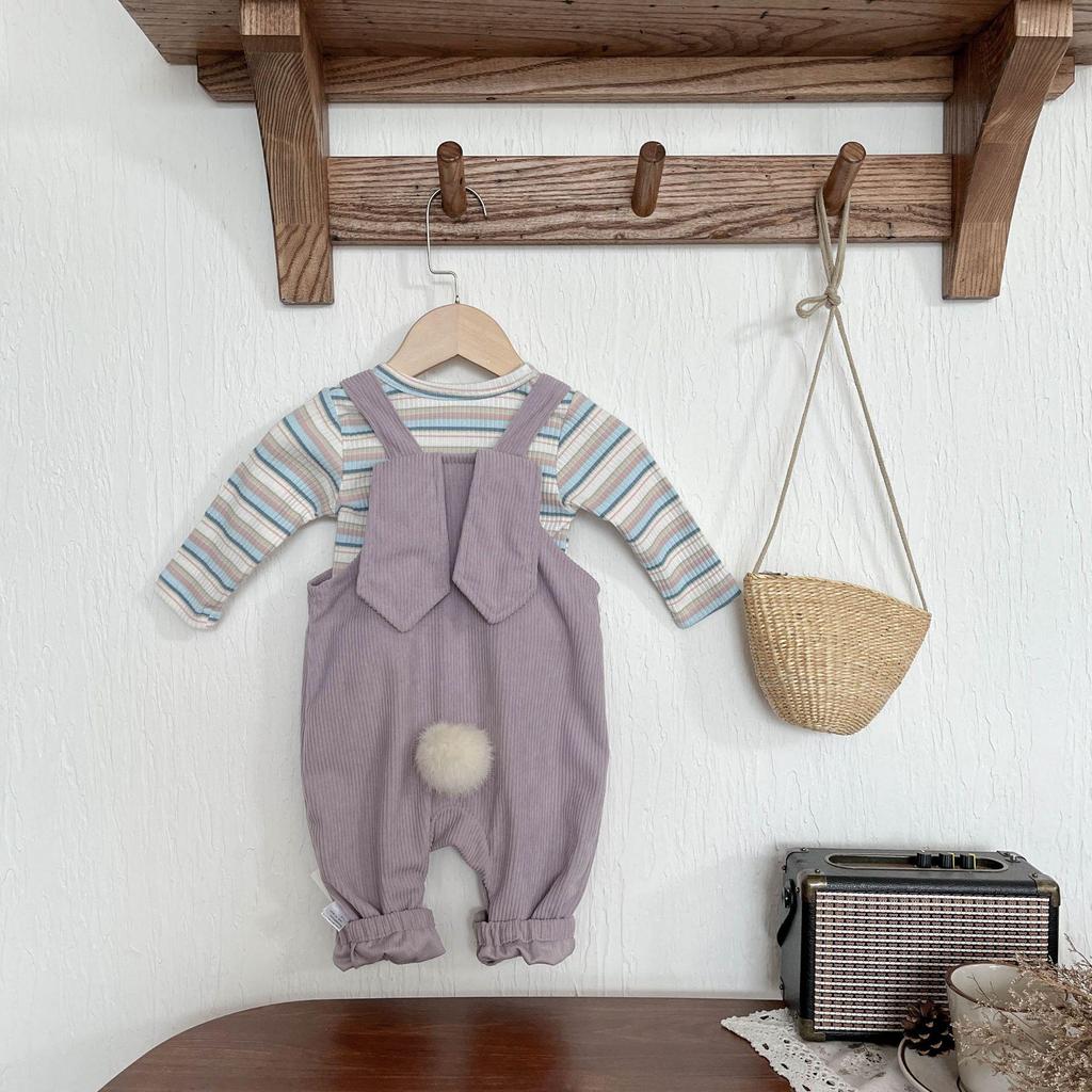 Baby Girl Spring/Autumn Rabbit Romper & Overalls Set: Fashionable Infant Two-Piece Outfit