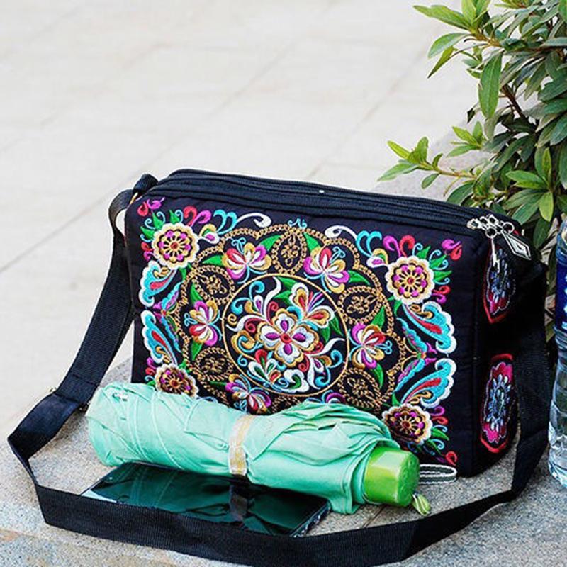 Yogodlns Сумка на плечо Юньнань, сумка с вышивкой в ​​этническом стиле, сумка через плечо, женская сумка, увеличенная тканевая сумка на три молнии, большая вместительная квадратная сумка