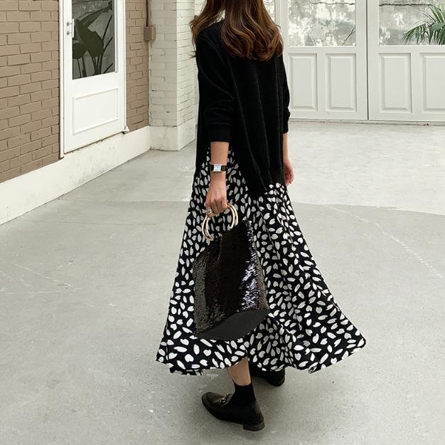 Платье макси с длинными рукавами и принтом в складку 2023 года с имитацией двух частей