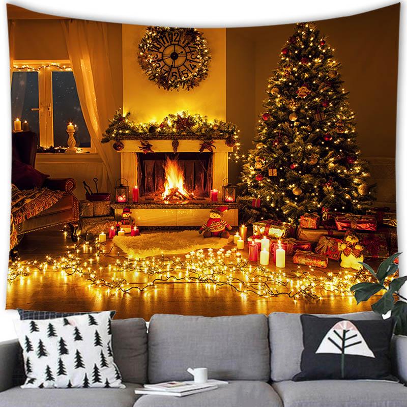 Merry Christmas Christmas Tree Fireplace Printed Pattern Tapestry Home Living Room Bedroom Background Wall Decoration Tapestry