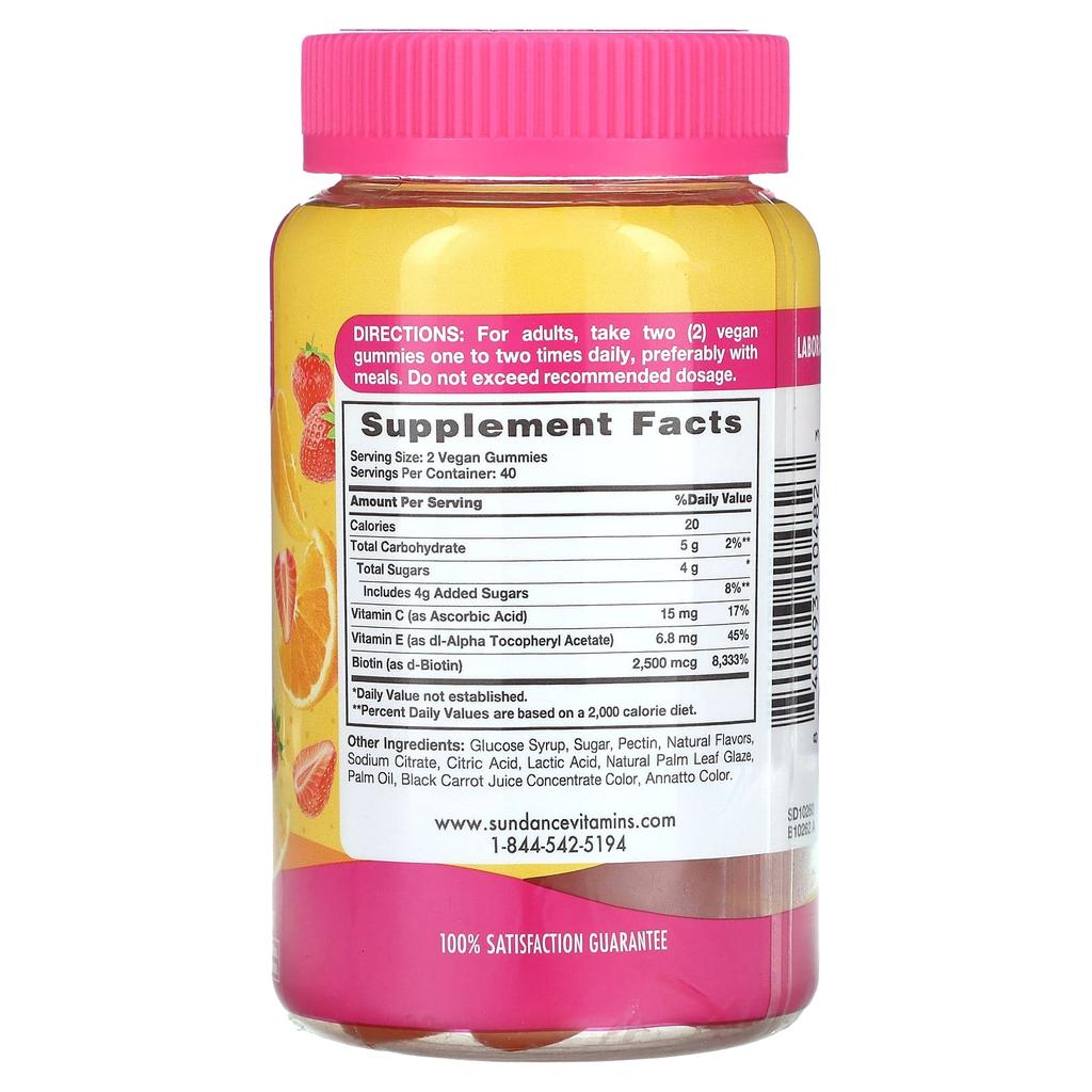 Sundance Vitamins Hair, Skin and Nail Gummies, Natural Fruit, 80 Vegan Gummies