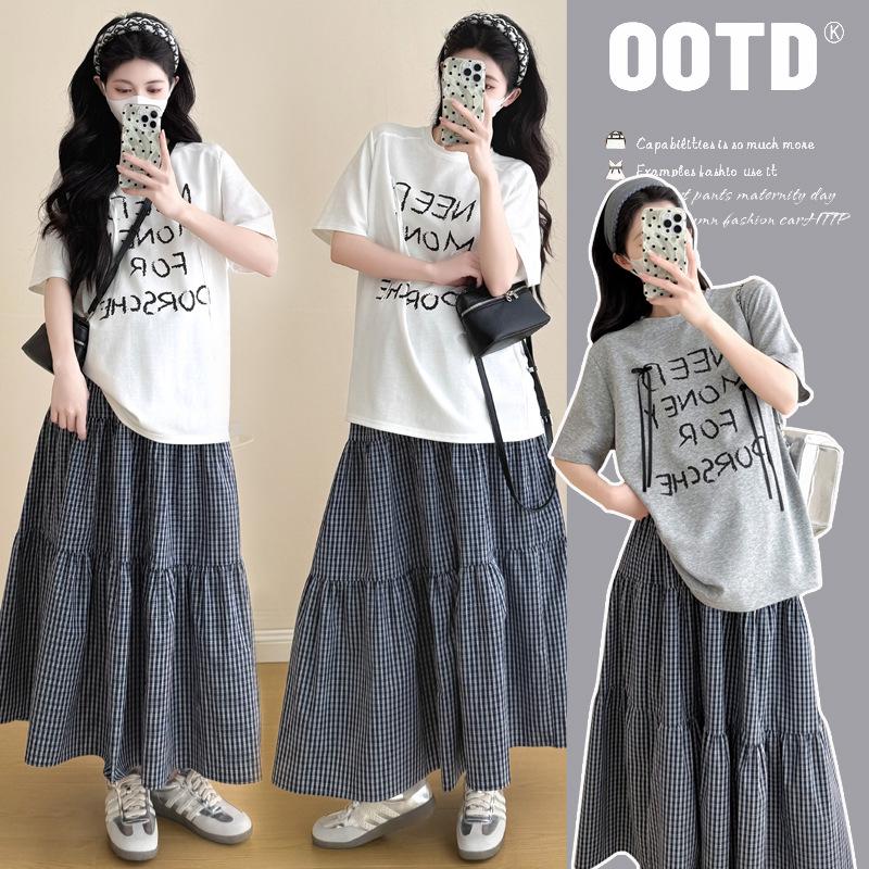 2026 Summer Korean Loose T-shirt & Plaid Maternity Skirt Set