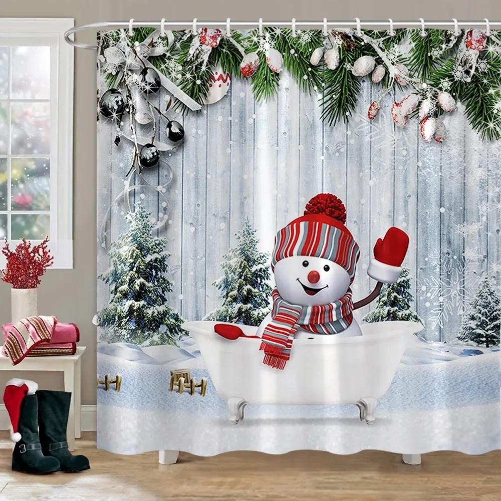 Merry Christmas Shower Curtain Winter Red Truck Snowman Reindeer Snow Farmhouse Shower Curtain Washable Polyester Bathroom Decor